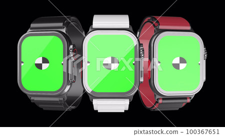 Three smart watch with green screen rotating on background with Alpha channel for chroma key. Animated mockup. Animation for presentation on mockup screen. Three smart watch with green screen rotating on background with Alpha channel for chroma key. Animated mockup. Animation for presentation on mockup screen. 100367651