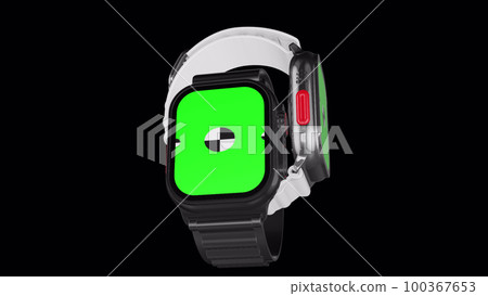 Two smart watch with green screen rotating on background with Alpha channel for chroma key. Animated mockup. Animation for presentation on mockup screen. 100367653