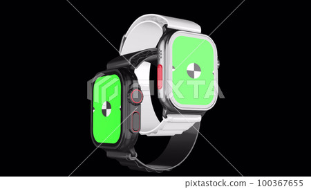 Two smart watch with green screen rotating on background with Alpha channel for chroma key. Animated mockup. Animation for presentation on mockup screen. Two smart watch with green screen rotating on background with Alpha channel for chroma key. Animated mockup. Animation for presentation on mockup screen. 100367655