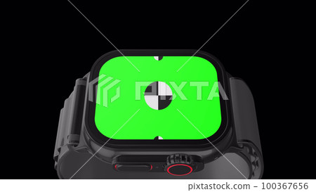 3D rendered smartwatch with green screen for mockup. Background with Alpha channel for chroma key. Animation for presentation on mockup screen. 100367656