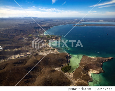 The beauty of Balandra beach in La paz BCS mexico, aerial view from plane before landing The beauty of Balandra beach in La paz BCS mexico, aerial view from plane before landing 100367657