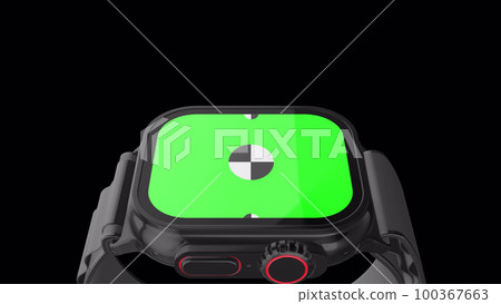 3D rendered smartwatch with green screen for mockup. Background with Alpha channel for chroma key. Animation for presentation on mockup screen. 100367663