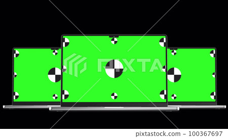 Three laptop revolves around on black background with Alpha channel for chroma key. Green screen with marks for tracking digital devices is included for easy. 3D rendering. Three laptop revolves around on black background with Alpha channel for chroma key. Green screen with marks for tracking digital devices is included for easy. 3D rendering. 100367697