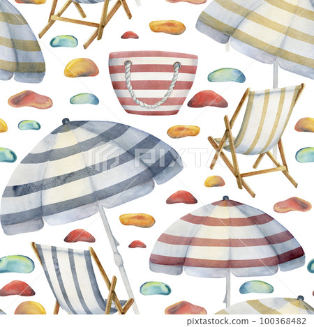 Hand drawn watercolor beach striped chairs bags and umbrellas Seamless pattern. Isolated on white background. Design wall art, wedding, print, fabric, cover, card, tourism, travel booklet. 100368482