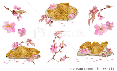Watercolor hand drawn traditional Japanese sweets. Set of compositions with spring wagashi, taiyaki, tea, frames. Isolated on white background. Invitations restaurant menu greeting cards print textile 100368514