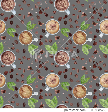 Watercolor hand drawn seamless pattern with coffee cups, beans, leaves, stains and splashes. Isolated on dark background. For invitations, cafe, restaurant food menu, print, website, cards Watercolor hand drawn seamless pattern with coffee cups, beans, leaves, stains and splashes. Isolated on dark background. For invitations, cafe, restaurant food menu, print, website, cards 100368522