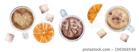Watercolor hand drawn composition with capuccino porcelain and gold coffee cups, cinnamon, orange. Isolated on white background. For invitations, cafe, restaurant food menu, print, website, cards 100368549