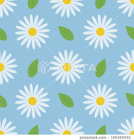 Chamomile flowers pattern. Seamless pattern with the image of chamomile and green leaves. Floral pattern for print and gift wrapping 100369591