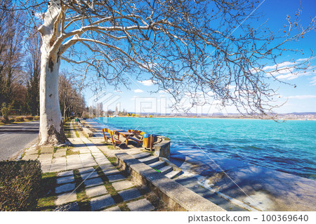 Balaton lake embankment, Tihany Peninsula, Hungary, Europe 100369640
