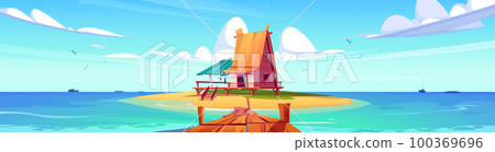 Tropical hut on beach island with pier landscape 100369696
