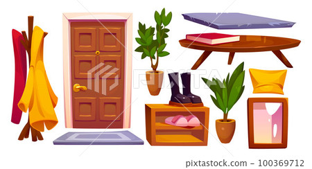 Cartoon set of house hallway interior elements Cartoon set of house hallway interior elements 100369712