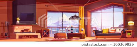 Chalet interior with fireplace in winter cabin 100369929