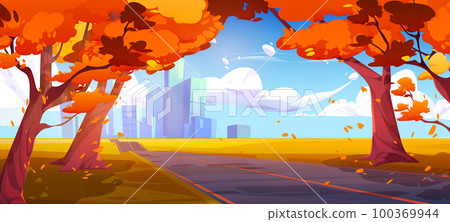 Autumn city park with falling leaves on road 100369944