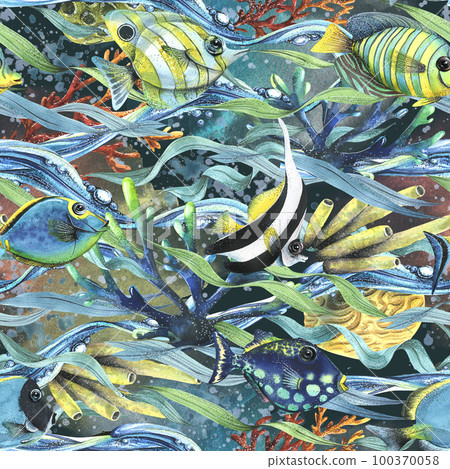 Coral reefs with algae, waves of water, fish, sea sponges, bubbles. Watercolor illustration. Seamless pattern on a dark background from the collection of TROPICAL FISH. For fabric wallpaper textiles Coral reefs with algae, waves of water, fish, sea sponges, bubbles. Watercolor illustration. Seamless pattern on a dark background from the collection of TROPICAL FISH. For fabric wallpaper textiles 100370058