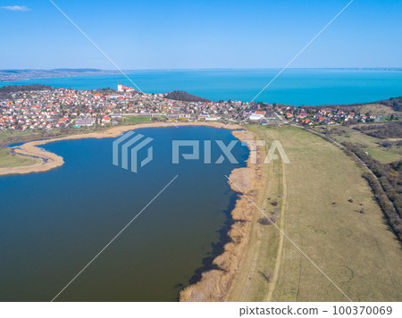 Top view of Lake Belsoto and Lake Balaton. Tihany Peninsula, Hungary, Europe 100370069