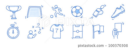 Soccer doodle icon. Football goal, award cup, whistle hand drawn line doodle sketch style equipment icon. Vector 100370308