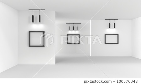 Art gallery, empty room interior with picture frames on white walls and illumination lamps 3d render. Realistic museum exhibition halls with blank canvases in black borders and lights. 3D illustration 100370348