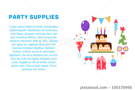 Party supplies banner flyer brochure template. Holiday Birthday event service card design. Bright colorful celebration background with flat elements space for text. Cake balloon illustration. 100370998