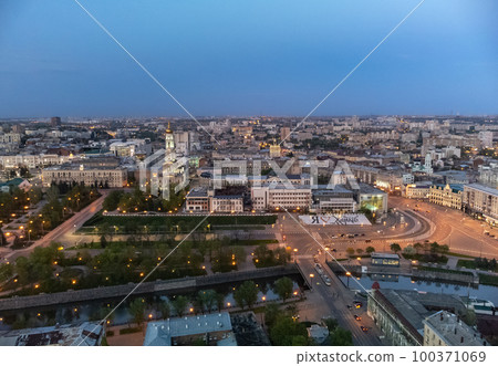 Evening illuminated Kharkiv city aerial Evening illuminated Kharkiv city aerial 100371069