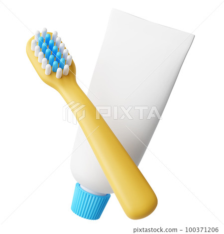 Cute cartoon style yellow toothbrush and toothpaste tube 3d render 100371206