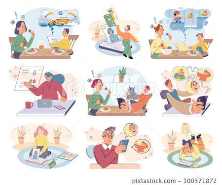 Children at home with phones and tablets set. Kids remote education, toddlers use smart technologies Children at home with phones and tablets set. Kids remote education, toddlers use smart technologies 100371872