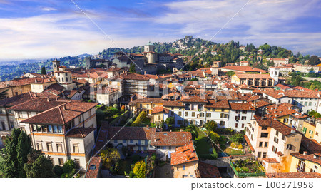 Italian historic landmarks and beautiful medieval towns - Bergamo, old town view. Lombardia, Italy 100371958