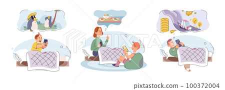 Children at home with phones and tablets set. Kids remote education, toddlers use smart technologies 100372004