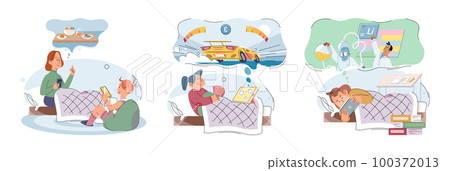 Children at home with phones and tablets set. Kids remote education, toddlers use smart technologies Children at home with phones and tablets set. Kids remote education, toddlers use smart technologies 100372013