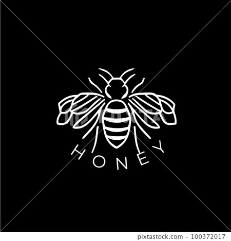 Minimalistic honey logo template, white icon of bee silhouette on black background, bumblebee modern logotype concept, sketch, tattoo. Vector illustration Minimalistic honey logo template, white icon of bee silhouette on black background, bumblebee modern logotype concept, sketch, tattoo. Vector illustration 100372017