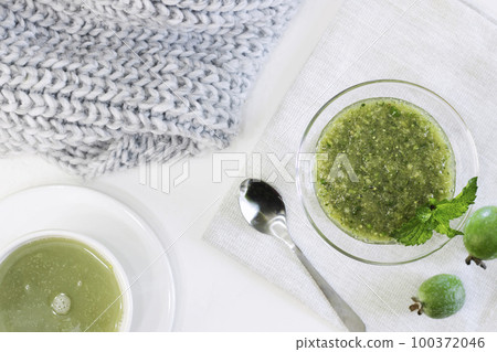 Feijoa jam. Feijoa grated with sugar. Useful fruits of a tropical plant. Harvesting, conservation. Copy space 100372046