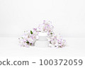 A mock up white jar of cream on a natural stone podium pedestal, on a white table, with plant, flowers, with hard shadows. Stylish look of the product, identity. 100372059