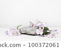 Concrete stone podium on a white gray background with hard shadows and plant, flowers. Minimal empty cosmetic product presentation scene. Geometric podium. 100372061