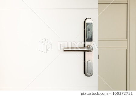 Close-up of door handle with an electronic smart lock on a white door in a private house or hotel room. Concept of a super security remote system Close-up of door handle with an electronic smart lock on a white door in a private house or hotel room. Concept of a super security remote system 100372731