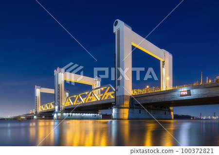 Botlek bridge, Rotterdam, Netherlands. View of the bridge at night.  100372821