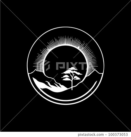 Minimalistic countryside round logo, prairie landscape silhouette white icon on black background, countryside monochrome logotype concept, scenery sketch, tattoo. Vector illustration Minimalistic countryside round logo, prairie landscape silhouette white icon on black background, countryside monochrome logotype concept, scenery sketch, tattoo. Vector illustration 100373053