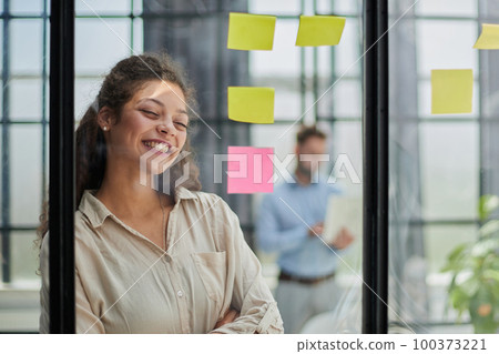 Smiling business woman looking out the window. Smiling business woman looking out the window. 100373221