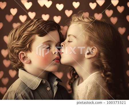 復古風格的情侶形象女孩親吻男孩的臉頰調整AI圖像 100373321