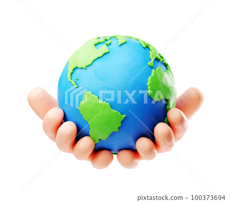 Sustain earth concept: Human plasticine stylised hands holding Earth 100373694