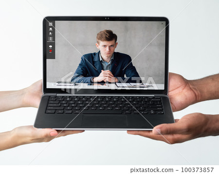 Online expert. Video coaching. Remote conference. Diverse hands showing confident business man on laptop screen isolated on white. 100373857
