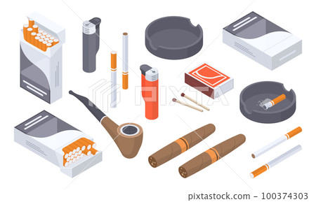 Isometric smoking accessories. Nicotine smoke, tobacco cigarettes, pipe, cigar, matches box and lighter 3d vector illustration collection 100374303