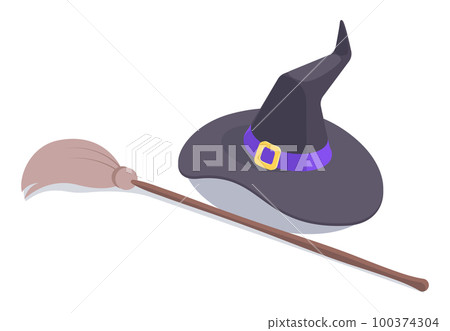Isometric witch hat and broom. Halloween party costume elements, spooky carnival costume. Witchcraft party 3d vector symbol illustration Isometric witch hat and broom. Halloween party costume elements, spooky carnival costume. Witchcraft party 3d vector symbol illustration 100374304