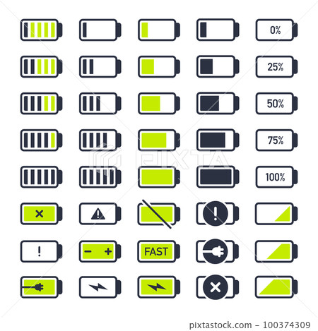 Smartphone battery icons. Mobile phone charging indicators, battery charge levels flat vector illustration set Smartphone battery icons. Mobile phone charging indicators, battery charge levels flat vector illustration set 100374309