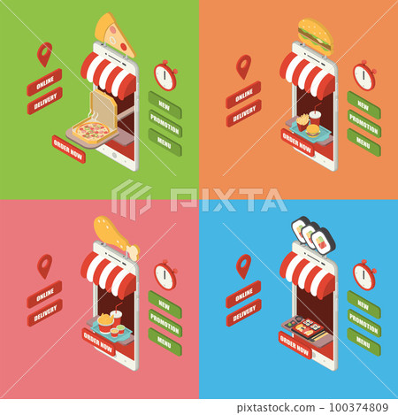 Isometric online food delivery smartphone set 100374809