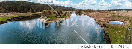 Spring aerial panorama on river curve, Ukraine 100374932