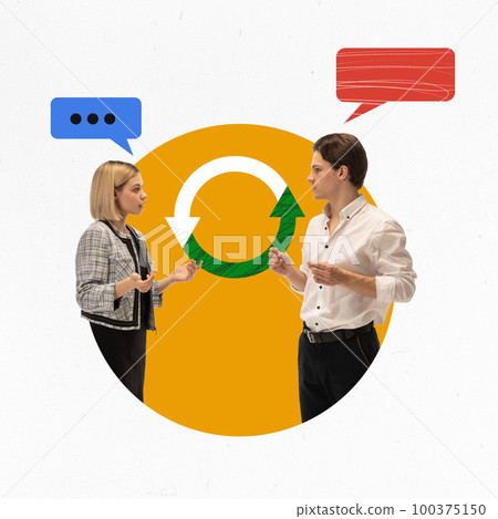 Modern creative conceptual design. Man and woman communicating. Understanding and sharing. Audience revealing 100375150