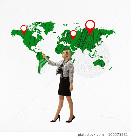 Conceptual modern art, design. Young woman, manager working with map, showing hot spots for commercial services Conceptual modern art, design. Young woman, manager working with map, showing hot spots for commercial services 100375281