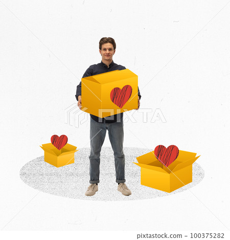 Re-purchasing. Conceptual design. Modern art collage. Happy young man, customer holding box with heart shape. Devoted user Re-purchasing. Conceptual design. Modern art collage. Happy young man, customer holding box with heart shape. Devoted user 100375282
