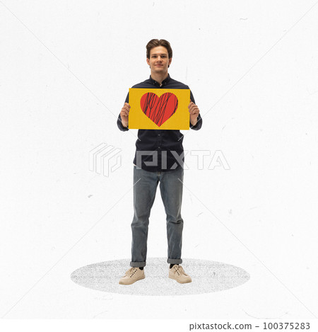Conceptual design. Modern art collage. Young happy man standing with carton tablet with heart on it meaning customer's loyalty Conceptual design. Modern art collage. Young happy man standing with carton tablet with heart on it meaning customer's loyalty 100375283