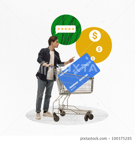 Purchasing. Conceptual design. Modern art collage. Man with shopping trolley and credit card doing shopping activity 100375285