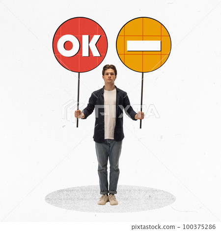 Evaluation. Conceptual design. Modern art collage. Young man holding two signs of approval and dissparoval. Making choice Evaluation. Conceptual design. Modern art collage. Young man holding two signs of approval and dissparoval. Making choice 100375286